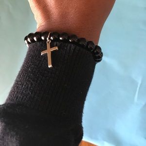 Black Beaded Bracelet w/Cross Charm